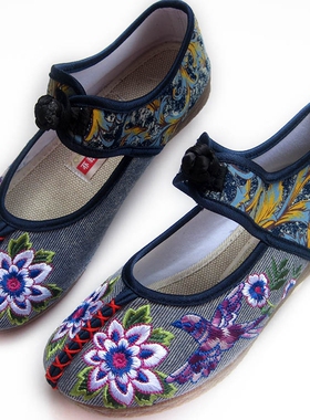 新款足下有福正品绣花鞋民族风牛筋底圆头女鞋老北京布鞋D755蓝色