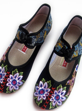 新款足下有福正品绣花鞋民族风牛筋底圆头女鞋老北京布鞋D755黑色