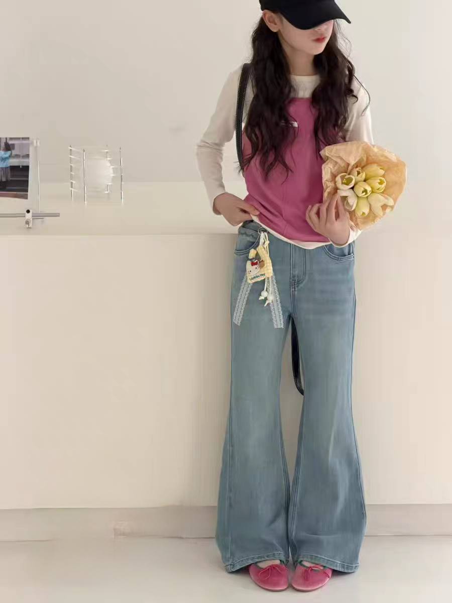 特价品牌童装26年春款韩版儿童牛仔裤长裤裤子女童喇叭裤黄Kitty