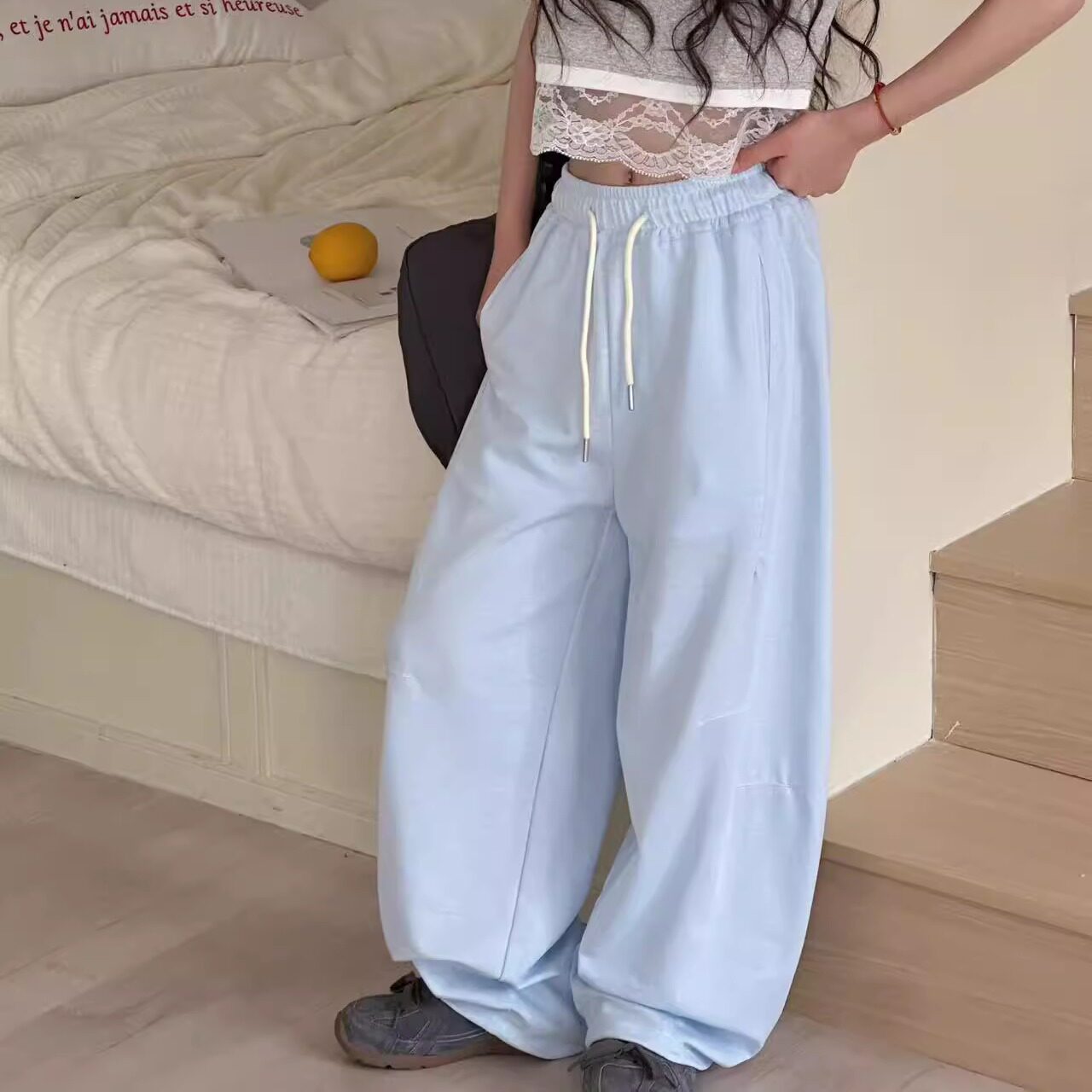 特价大E小e品牌童装夏款弯刀针织裤香蕉裤薄款长裤卫裤儿童女童蓝