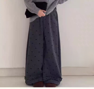 特价品牌童装25冬款新款直筒裤呢料一体绒花边裤儿童裤子中童女童