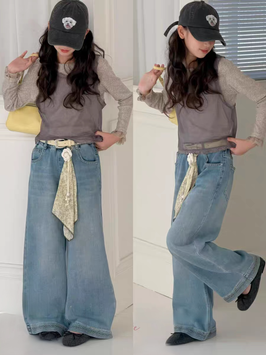 特价品牌童装26年春款新款韩版儿童牛仔裤长裤裤子女童直筒裤花边