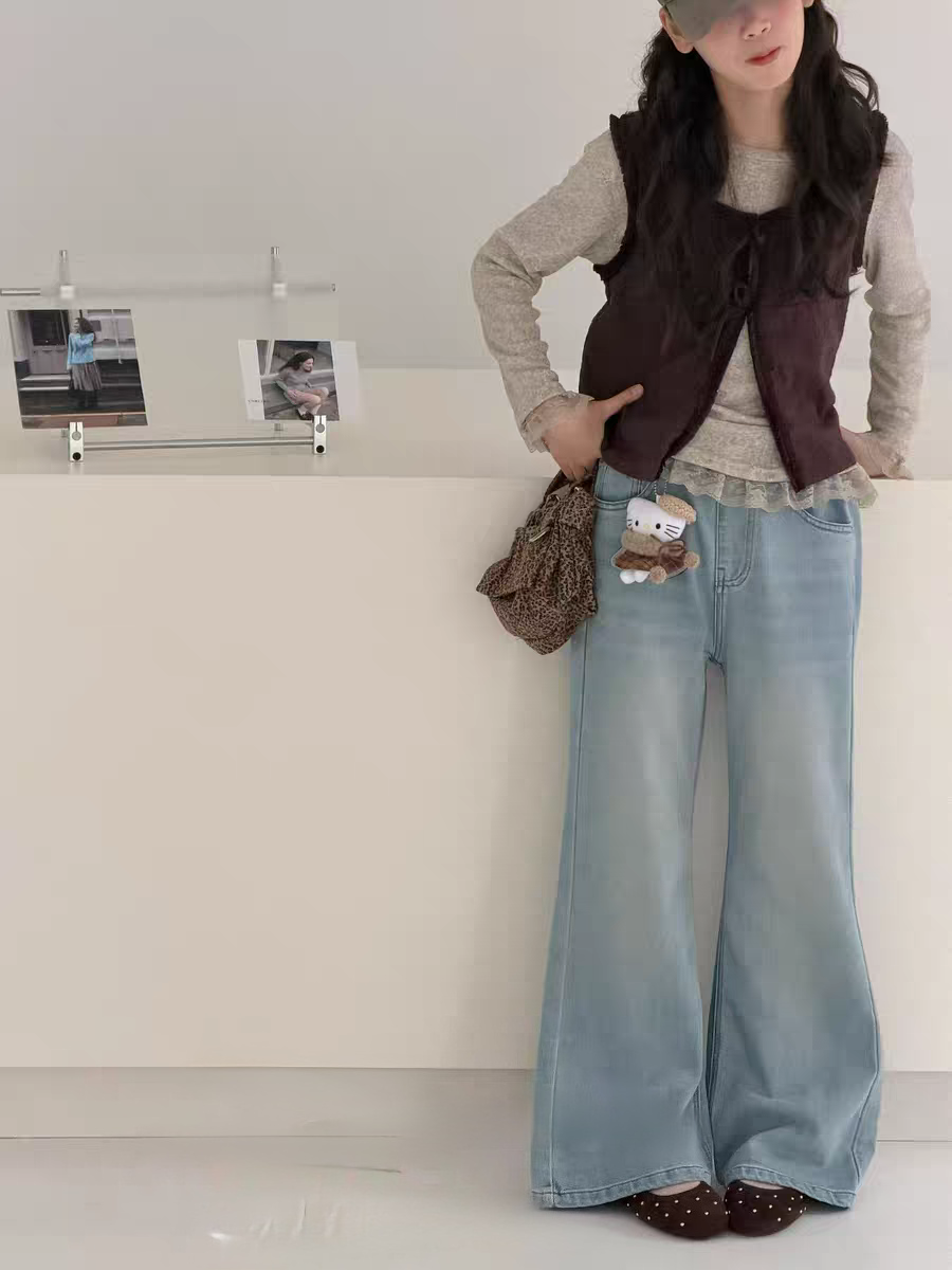 特价品牌童装26年春款韩版儿童牛仔裤长裤裤子女童喇叭裤咖Kitty