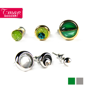 圆形绿色滴油镶钻耳钉 银色猫眼石防过敏耳环 女 欧美大牌配饰品