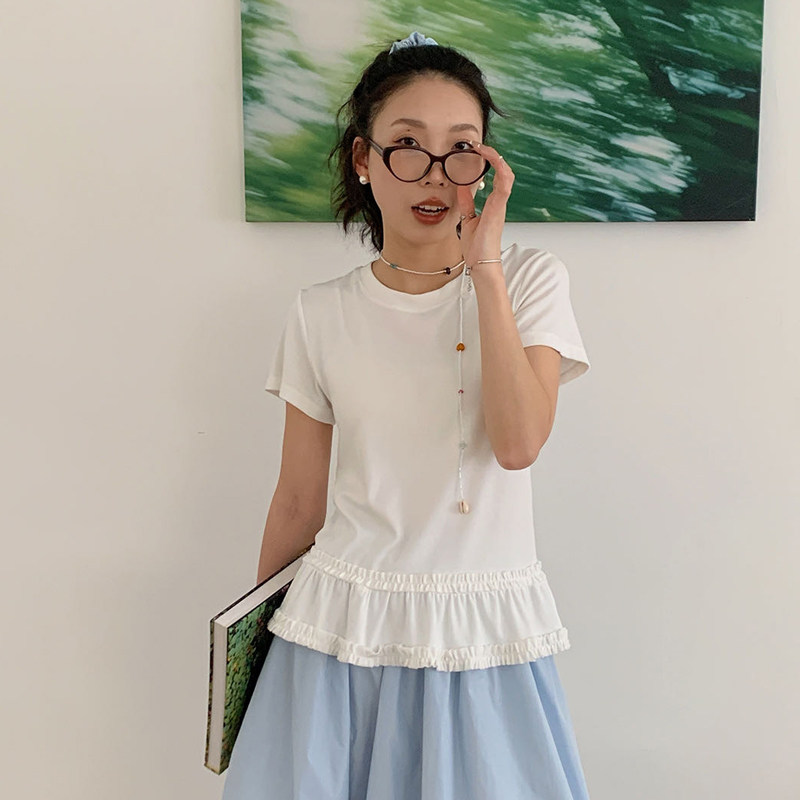 【小乐专享】新款短袖女奶油泡泡 裙边T恤圆领设计感休闲百搭上衣