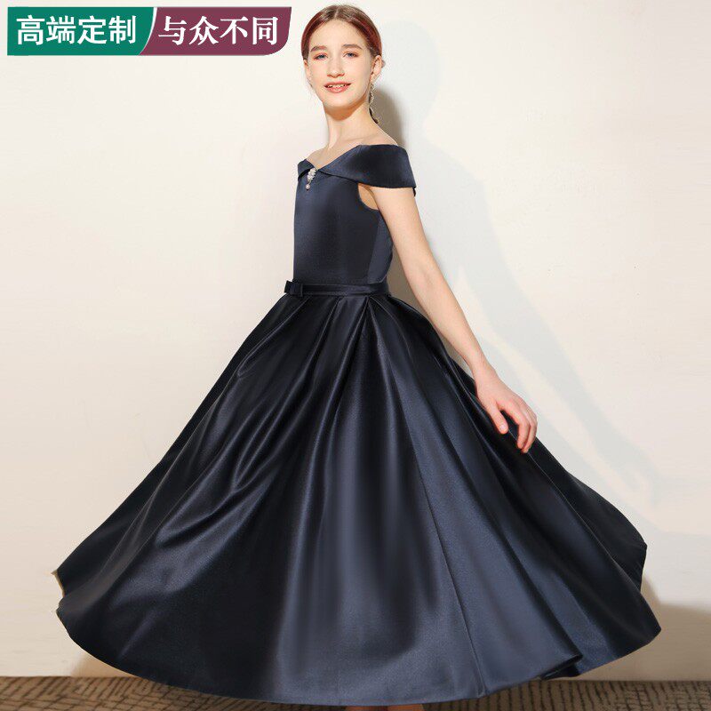 一字肩女大童小提琴管弦乐合奏儿童钢琴考级锻面公主裙演出礼服裙 - 实物图