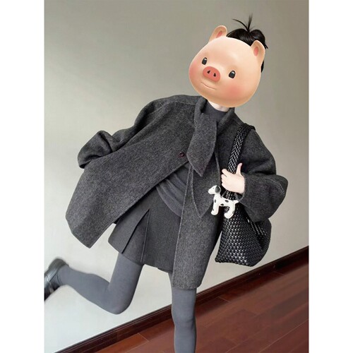 正品JK秋冬新款韩系小香风套装女独特好看兔耳朵领毛呢外套打底衫