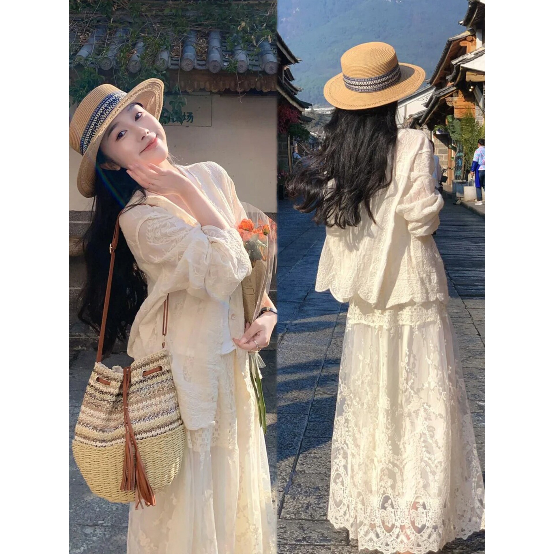 正品JK淡人高知穿搭一整套春季温柔风法式刺绣开衫蕾丝半身裙小香