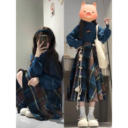 正品JK秋冬巨好看的两件套韩系温柔风克莱因蓝针织毛衣格纹半身裙