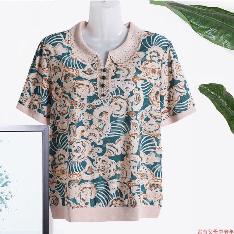 夏季中老年女装短袖t恤妈妈装大码宽松翻领冰麻印花小衫半袖上衣