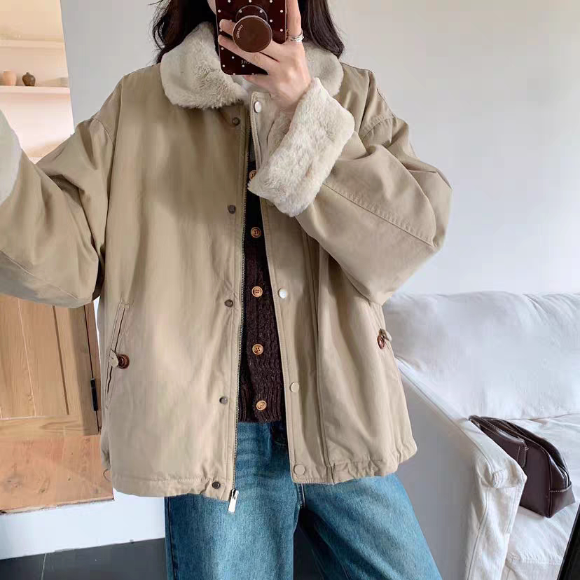 毛绒外套 冬季新款复古宽松棉衣女日系时尚保暖棉服潮