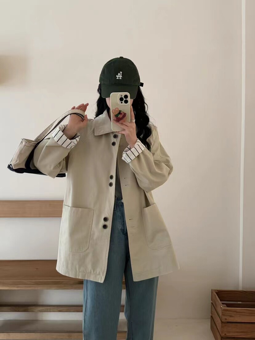 春秋季新款韩版宽松显瘦翻领条纹拼接长袖风衣外套女百搭休闲