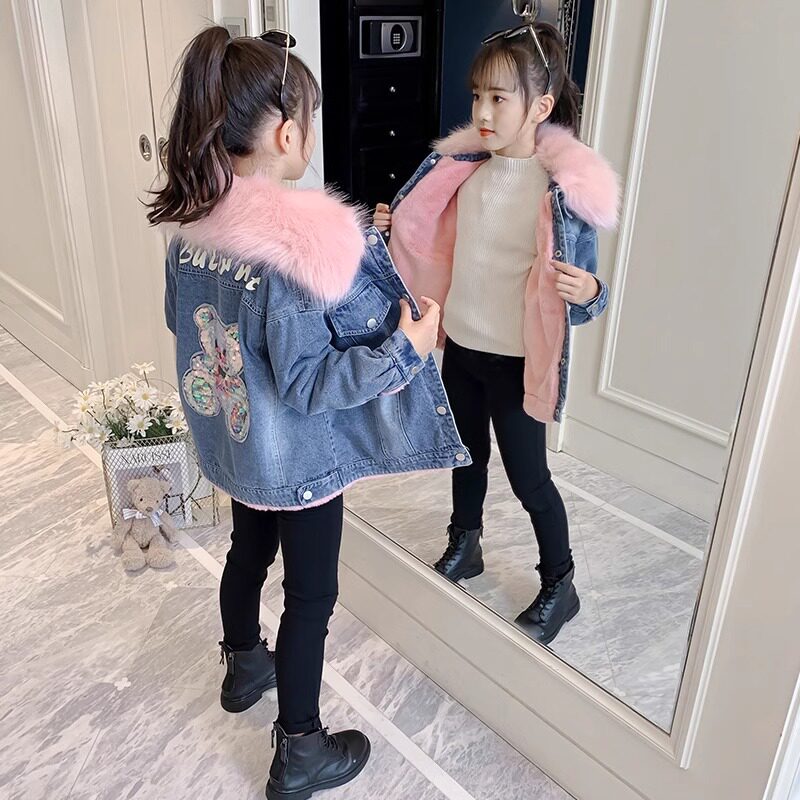 女童牛仔加绒加厚棉服秋冬韩版