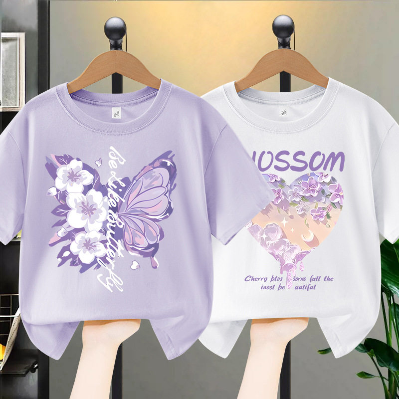 女童纯棉短袖t恤 2026夏季新款中大儿童蝴蝶爱心印花女孩体恤衫岁