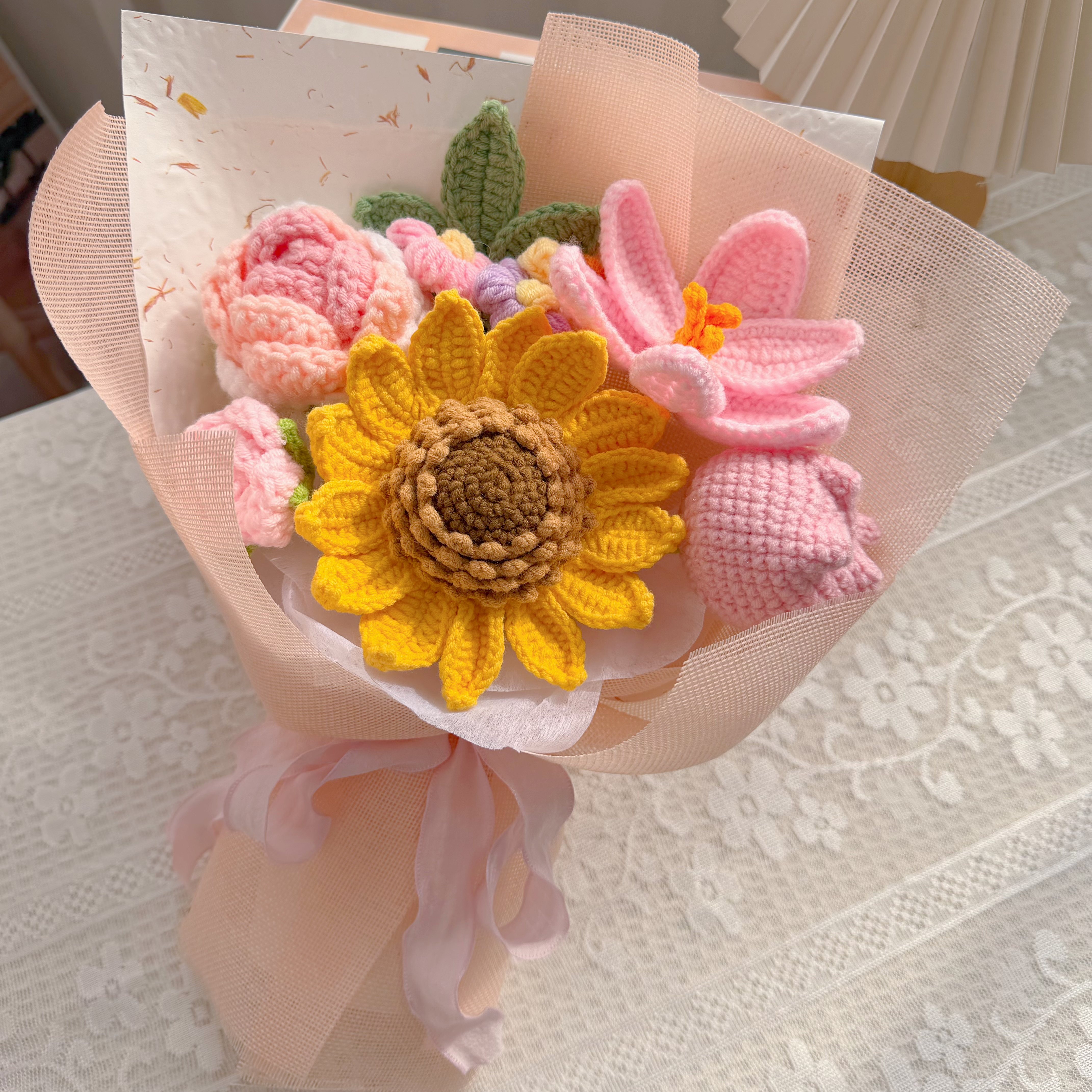 手工毛线花束成品编织仿真花朵