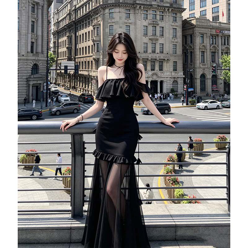 御姐高级感黑色无袖抹胸连衣裙子女夏季收腰包臀网纱长裙时尚