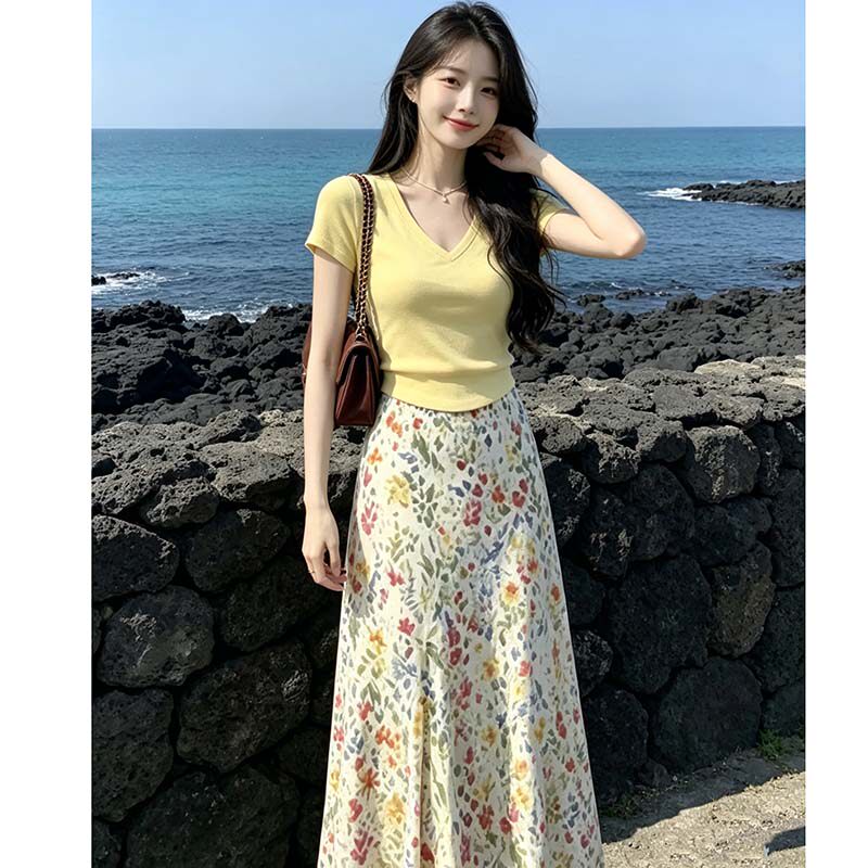 韩系夏季女碎花长裙套装