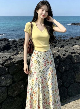 2026新款韩系独特漂亮穿搭一整套裙子女夏季黄色上衣碎花长裙套装