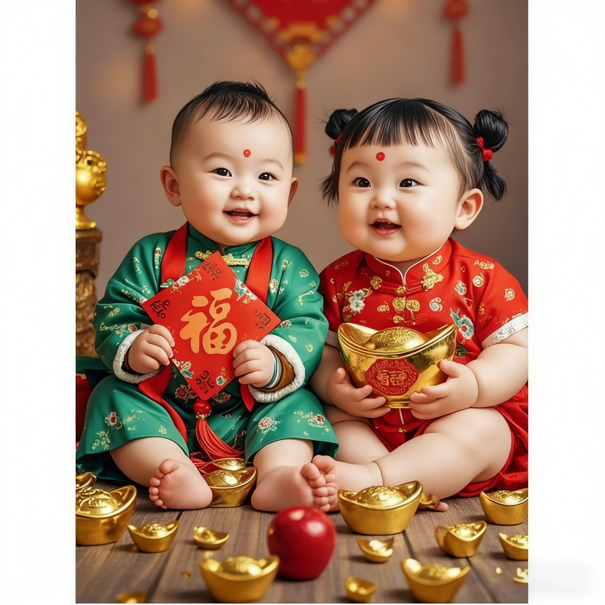 2026新款金童玉女吉祥萌娃贴画家用高级墙贴门贴招财进不干胶贴纸