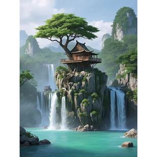 防水山水贴纸高清世外桃源的归隐生后海报室卧室厅玻璃不干胶贴纸