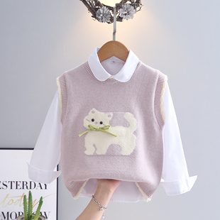 女童春装马甲套装2025新款卡通女宝宝针织毛衣背心衬衫两件套洋气