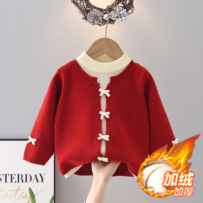 儿童毛衣女童加厚假两件针织衫2025冬新款宝宝红色套头打底衫保暖
