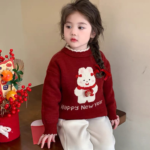 女童加绒毛衣加厚加绒新年装儿童针织打底衫女宝宝中小童冬季上衣