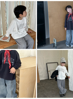 bebenous▲主理人品牌复古不满印字母儿童秋季纯棉插肩袖长袖t恤