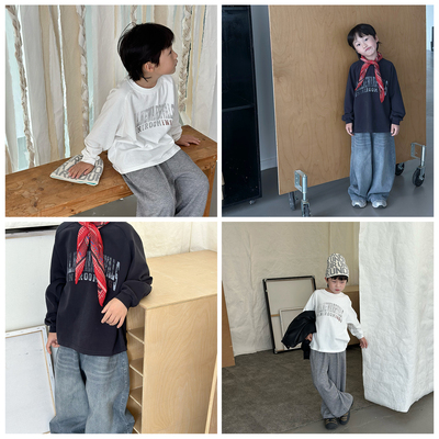 bebenous▲主理人品牌复古不满印字母儿童秋季纯棉插肩袖长袖t恤