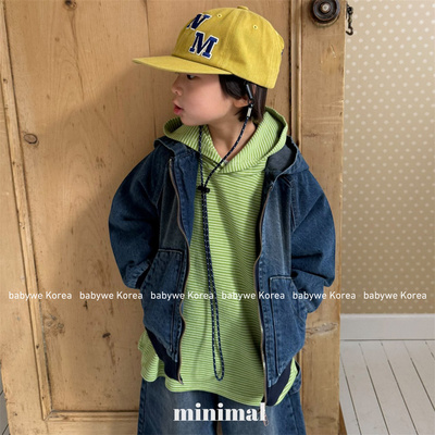 春の色彩条纹连帽宽松弹力长袖T