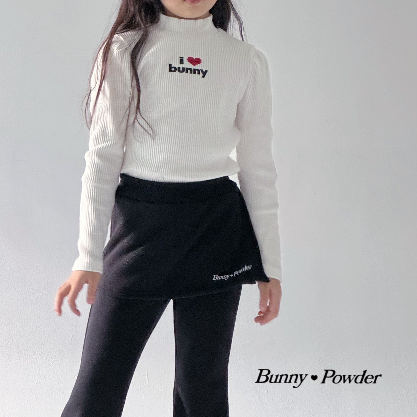 bunny▲BabyWe韩国童装冬季半高领加厚螺纹棉女团风泡芙袖修身t恤