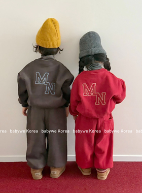 minimal▲BabyWe韩国代购25冬季儿童MN刺绣字母加绒卫衣卫裤套装