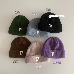BabyWe韩国代购童装秋冬宝宝百搭潮款P字母儿童针织帽子毛线帽