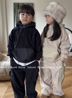 OUR▶BabyWe韩国代购冬季新款儿童异料拼布连帽绒衫卫衣保暖绒裤