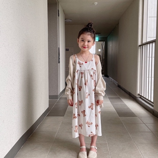 折▶BabyWe韩国代购dailybebe夏季女童雪纺连衣裙可爱小熊吊带裙