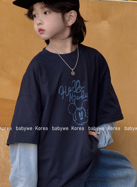 包邮▶bebenous主理人品牌复古手绘字母米奇儿童假两件纯棉长袖t