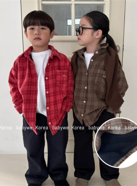 OUR▶BabyWe韩国代购童装冬儿童同色系渐变格子logo口袋加绒衬衫