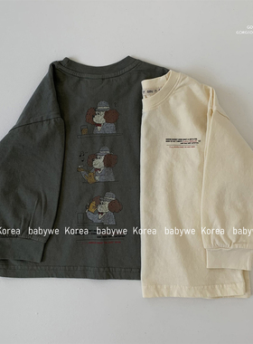 GOU▲BabyWe韩国代购童装25秋季儿童喝茶的社长狗狗纯棉亲子长袖t