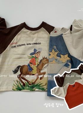 ▶GOU韩国代购童装25秋季儿童牛仔星星撞色插肩袖纯棉长袖t