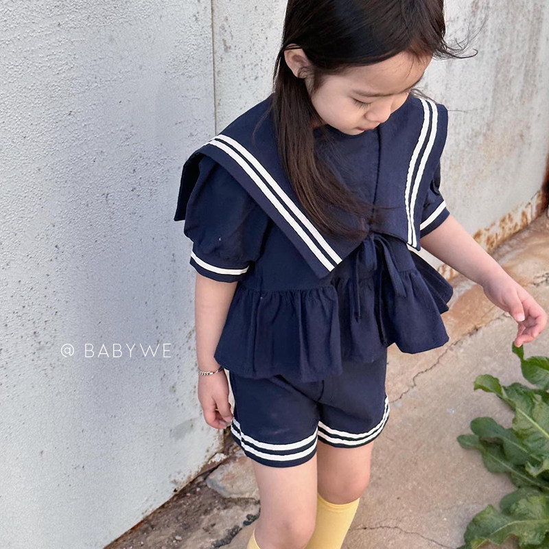 boboj▲BabyWe韩国代购童装儿童柔软纯棉海军风翻领短袖短裤套装