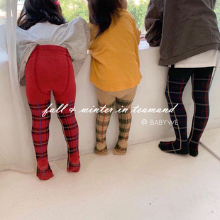 BabyWe韩国代购儿童连裤袜韩国制女童英伦风学院风撞色格子长袜子