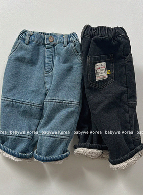 GOU▲BabyWe韩国代购25冬新儿童加厚加绒百搭保暖拼缝牛仔裤
