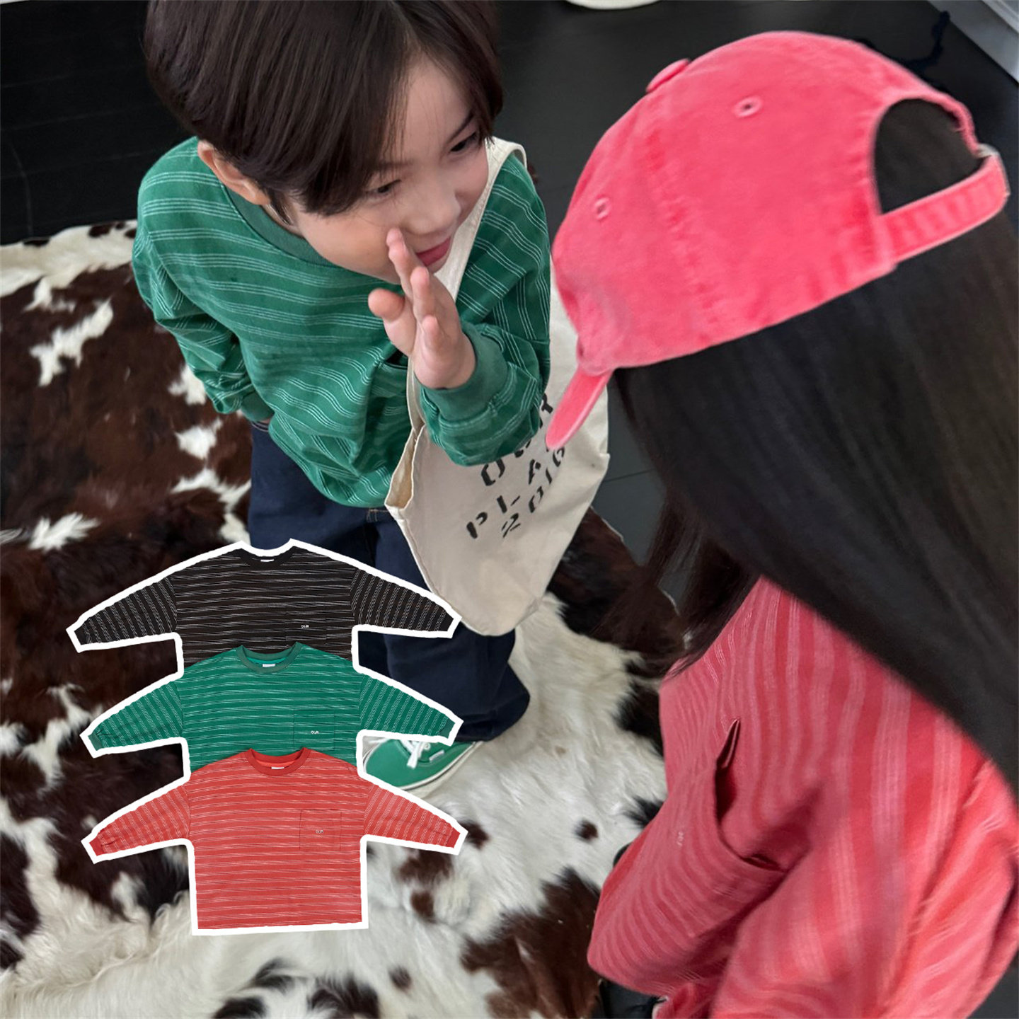 OUR▶BabyWe韩国代购儿童秋季亲肤柔软纯棉条纹口袋小logo长袖t恤