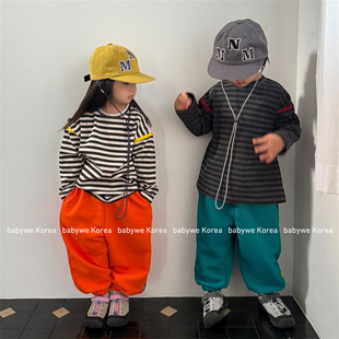 minimal▲BabyWe韩国代购26春设计感撞色镶边条纹纯棉长袖儿童t恤