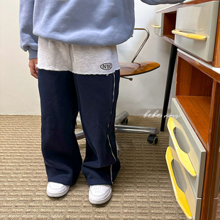 Ellymolly▲BabyWe韩国代购童装儿童冬季NYC撞色加绒裤子阔腿裤