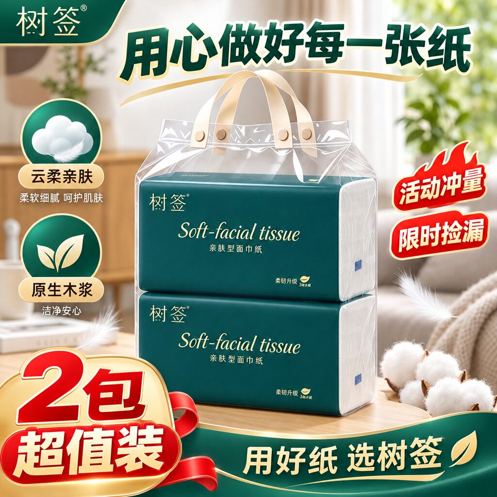 【2包超值装·新品冲量】树签青墨5层柔厚家用餐巾纸卫生擦手抽纸