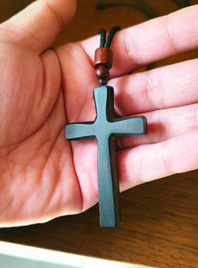 手工棱角紫光檀木十字架吊坠项链男女轻奢新中式挂件饰品原创设计