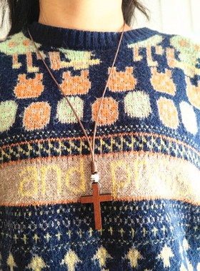 小号一体木十字吊坠架项链男女复古手工长款毛衣链原创挂件平安符