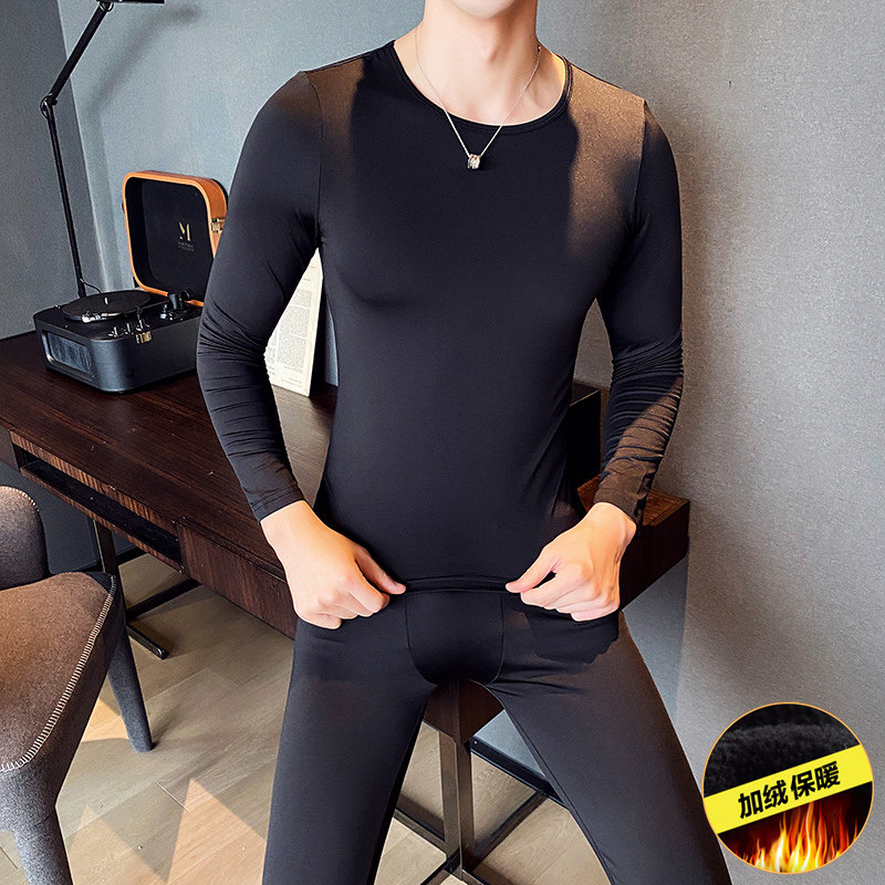 冬季圆领内衣套装男士恒温自发热加绒保暖打底衫紧身弹力秋衣秋裤