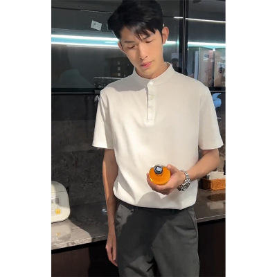 亨利领设计正肩短袖polo衫男款夏季潮牌高级感轻熟风白色T恤半袖